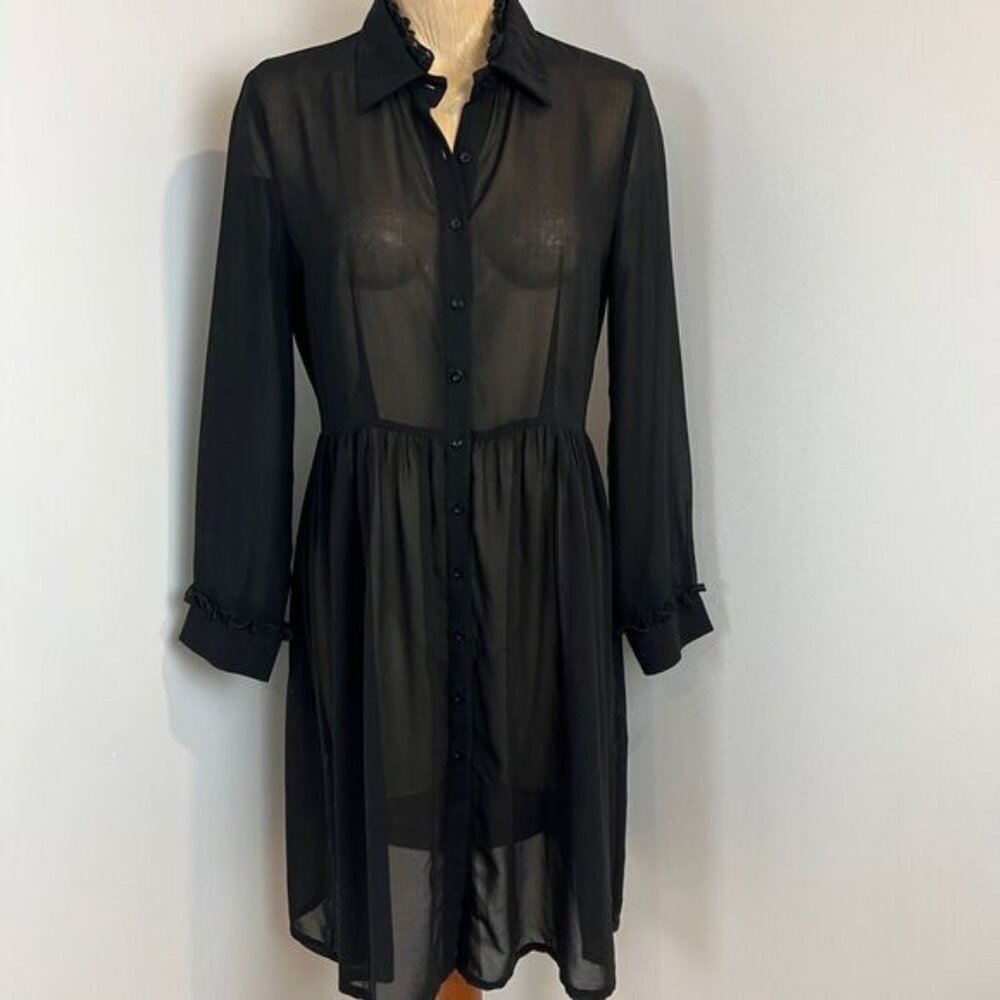 Sheer Button-Down Midi Shirt Dress - Black